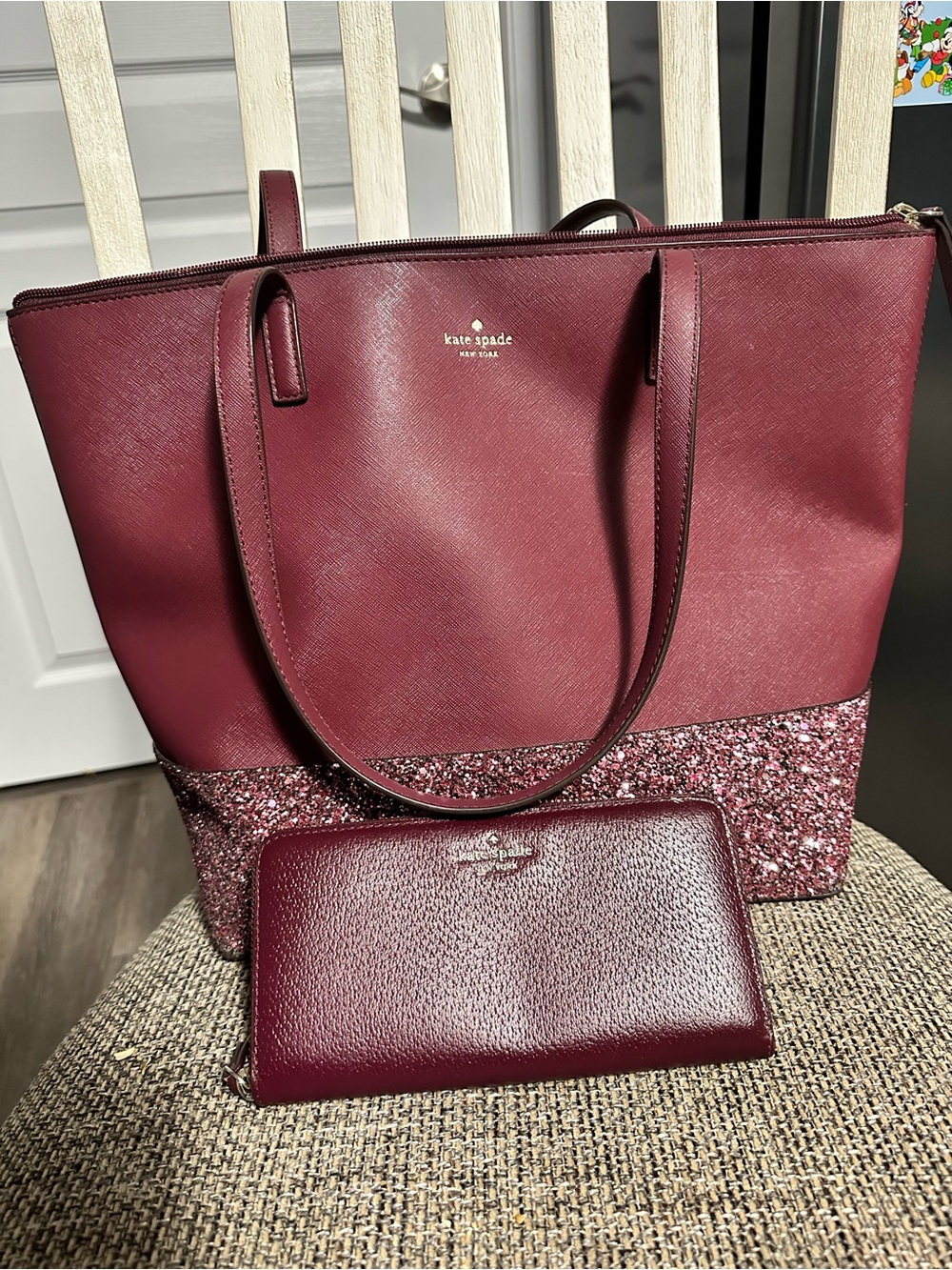 Kate spade Burgundy Tote with Glitter Panel and wallet bundle